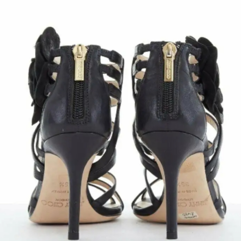 Authentic Jimmy Choo Black Leather Opaque Flower Cage Sandals - Picture 6 of 13